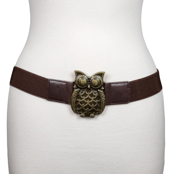 Fantasia Accessories Accessories - Fantasia Accessories Antique Brass Owl Brown Stretchy Boho Belt Womens Size L XL